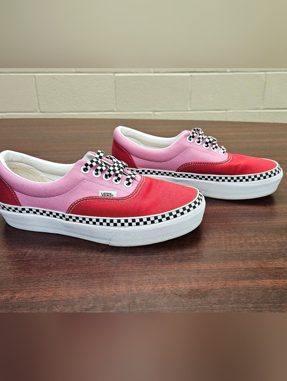 Vans Pink and Red Low-Top Checkerboard Platform Sneakers